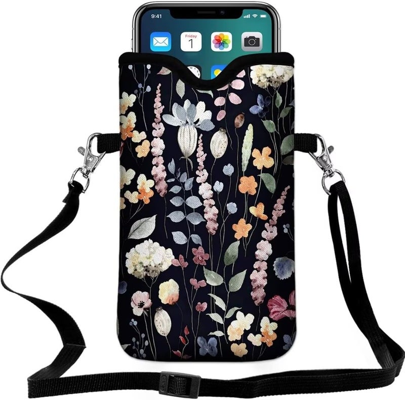 FREZORA Cell Phone Sleeves Bag Case Crossbody Neoprene Holder Lanyard Phone Pouch for Women Men 7.5 X 4.5 Inches - Flowers - Image 1